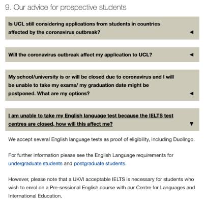 UCL倫敦大學學院Duolingo成績